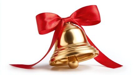 Golden bell with glossy finish and vibrant red ribbon bow, perfect for festive decorations and holiday celebrations, representing joy and celebration.