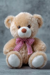 Obraz premium Adorable Tan Teddy Bear with Red Gingham Bow: A Sweet Plush Portrait