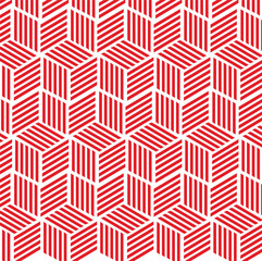 seamless geometric pattern with triangles, illusion of three-dimensional cubes or blocks, repeating striped parallelograms in red and white, isometric cube pattern or a tessellation of cubes.