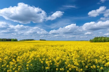 Obraz premium Golden Rapeseed Field Under a Blue Sky: A Serene Landscape