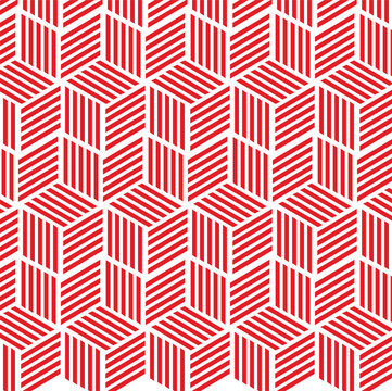 seamless geometric pattern with triangles, illusion of three-dimensional cubes or blocks, repeating striped parallelograms in red and white, isometric cube pattern or a tessellation of cubes.