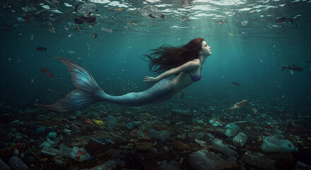 Fototapeta premium Sereia nadando em águas de rio poluído