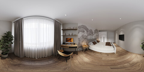 Full spherical seamless hdri 360 panorama in equirectangular projection in interior of bedroom in modern flat apartments, VR content