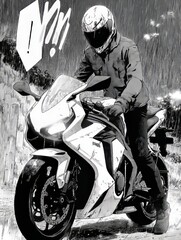 Naklejka premium Thrilling Motorcycle Adventure: Dynamic Anime-Style Comic Illustration in Black and White