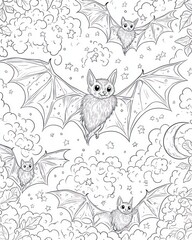 Cute bats flying among clouds and stars.  A coloring page design
