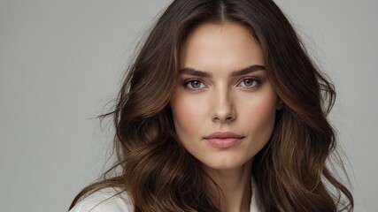 Fototapeta premium Mujer moderna con expresión serena y cabello voluminoso, reflejando sofisticación y bienestar, perfecta para anuncios de productos de belleza y estilismo profesional