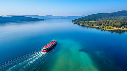 Obraz premium A red ferry glides across a tranquil lake, surrounded by lush green hills and a clear sky. Aerial view showcasing vibrant water colors and serene landscape