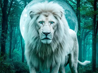 Obraz premium Majestic White Lion in Mystical Moonlit Forest: Epic Animal Portrait with Enchanting Glow