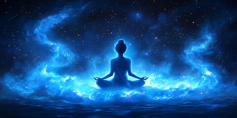 Meditating figure in a cosmic scene