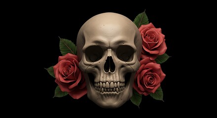 Obraz premium Skull with Red Roses on Black Background for Gothic Illustration