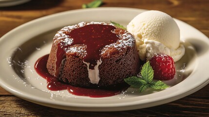 Chocolate Lava Cake with Raspberry Sauce and Vanilla Ice Cream
