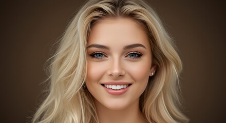 Fototapeta premium Smiling Woman with Blonde Wavy Hair Close Up Portrait