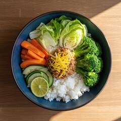 A colorful and healthy macrobiotic bowl featuring fresh vegetables, rice and a bright lime.