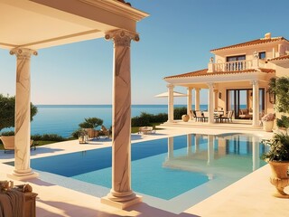 Expensive villa with square pool by the sea, dolce vita, summer vacation