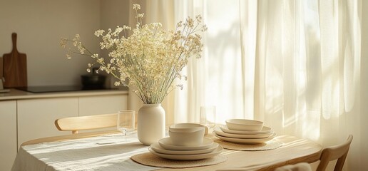 Aesthetic Dining Table Setup with Minimalist Dishes and Floral Arrangement