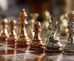 Bronze and silver chess pieces on a board