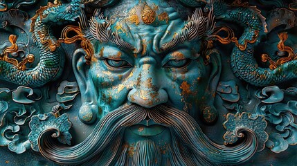 Fototapeta premium Blue, green and black patterned background, traditional Chinese god of wealth and fairy pattern, oriental zen