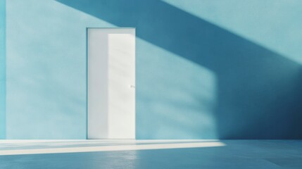 Obraz premium Sunlit minimalist room with a white door on a blue wall.