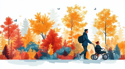 Man walking with child in wheelchair through autumn forest scene