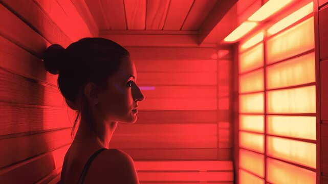 Young woman enjoying infrared light therapy in wooden sauna cabin