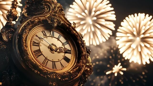 Ornate clock face approaching midnight with fireworks exploding in background