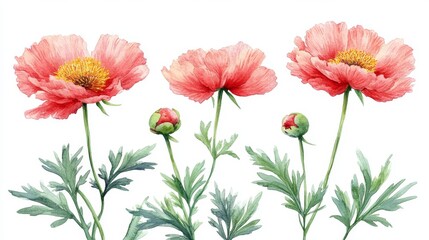 Obraz premium A romantic watercolor floral pattern featuring pink peonies and an assortment of yellow and pink flowers and leaves, this design is well-suited for packaging, wallpaper, fabric, and cosmetic and