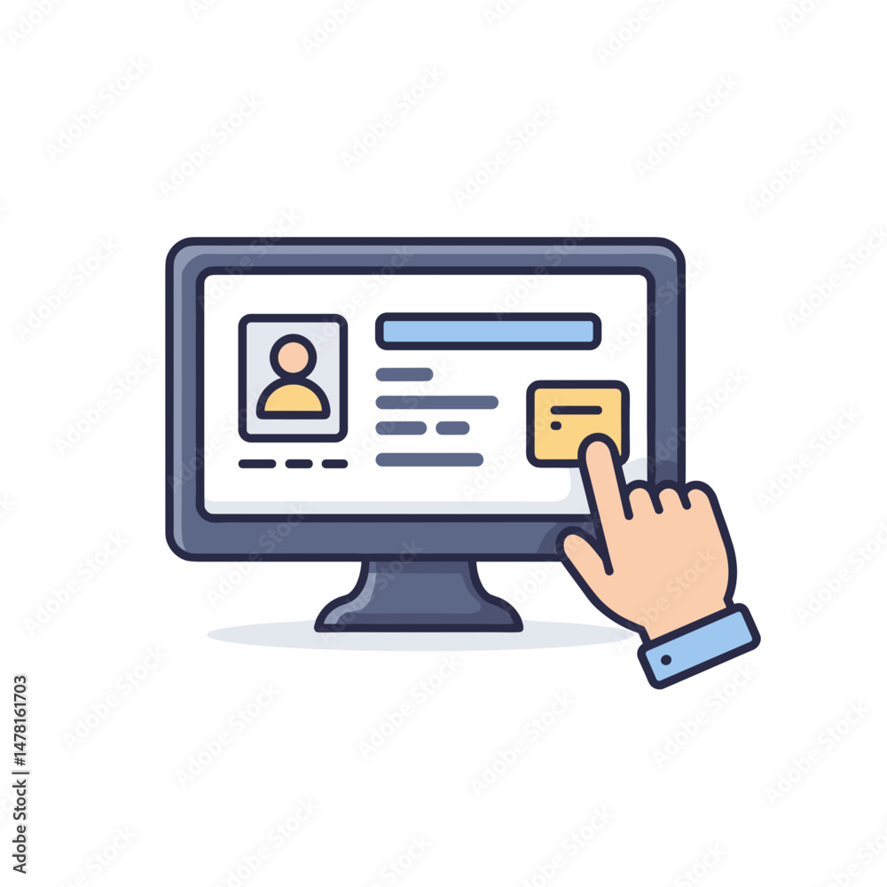 Poster computer screen displaying user profile with hand clicking button - concept of vector art