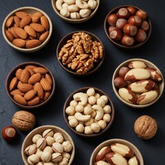 A colorful array of various nuts, artistically arranged and presented in small bowls.