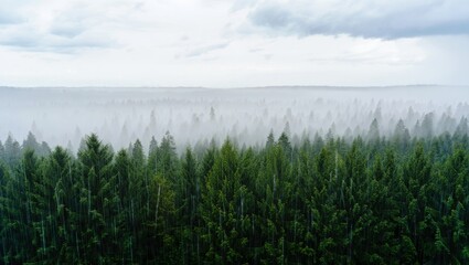 Naklejka premium Misty Rainfall Over Forest Canopy – Cinematic Moody Landscape