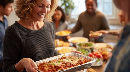 Joyful family gathering enjoying delicious homemade lasagna and fresh salad,,National Celiac Disease Awareness Day