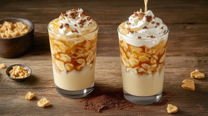 A weathered wooden surface serves as the base for a tall glass of iced coffee, cream, and coffee beans