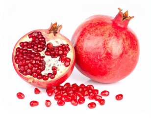 Pomegranate with Seed Spill on Isolated White Background