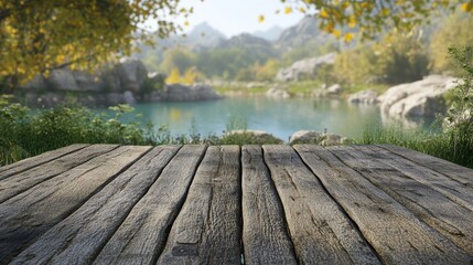 A wooden tabletop sits above a blurred green forest and lake or swamp, evoking a fresh and relaxing atmosphere, ideal for showcasing products or designing key visuals with ample empty space