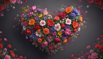 Whimsical hand-drawn heart overflowing with vibrant blooms & symbolic details , botanical, nature