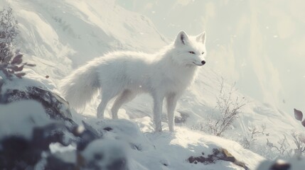 Obraz premium Majestic arctic fox standing on snowy mountain peak.
