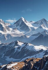 Mountain range, clear blue sky, snow-capped peaks, high resolution, travel, cold