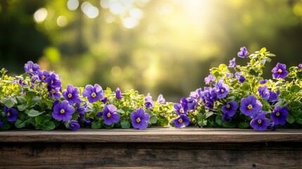 The wooden table is showcased against a vibrant garden backdrop of grass and foliage, with strong sunlight shining down