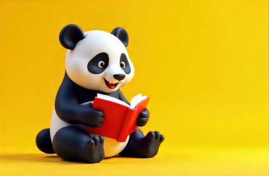 cute panda cartoon holding red book sitting against bright yellow background. concept of reading and education. children's book illustration, educational materials, print design.