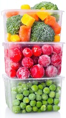 Assorted Frozen Vegetables and Fruits in Clear Plastic Containers Stored for Convenient Healthy Eating