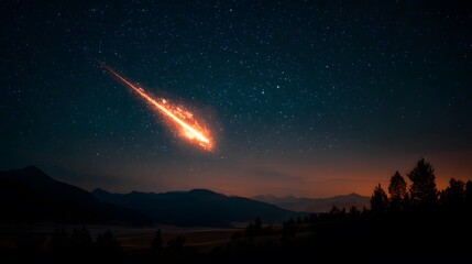 Vibrant meteor streaks across a starlit night sky, illuminating distant mountains and silhouettes of trees in a celestial spectacle.