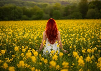 Fototapeta premium Woman with red hair in yellow flower field, serene nature scene, back view, peacefulness, nature landscape, vibrant flowers.
