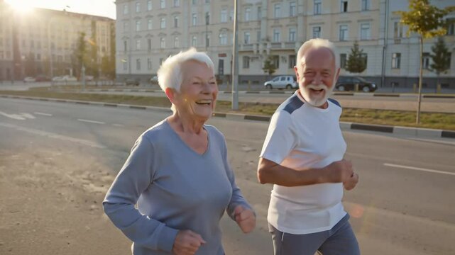 elderly couple woman and man jogging in the morning in the city - Powered by Adobe