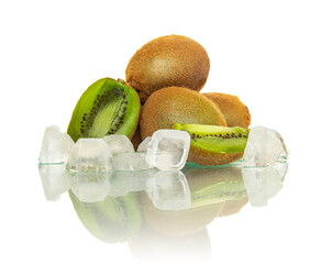 Fresh kiwi display. Fuzzy whole kiwis and sliced halves showcasing vibrant green flesh and black...