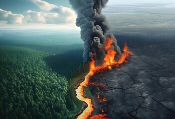 Split forest image showing contrast between lush green woods and destructive wildfire, symbolizing climate change and environmental crisis.