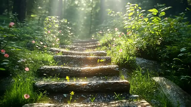 Sunlit stone steps through enchanted forest