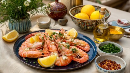 Succulent Prawns with Fresh Herbs and Lemon on Rustic Table Setting