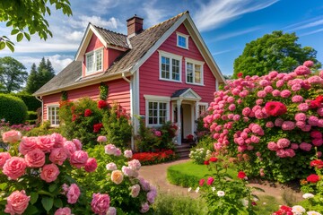 Realtor advertisement background with countryside homes blooming trees and roses designed for property marketing in spring or summer olgamcs backgrounds ads business
