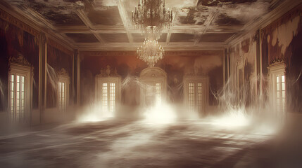 Fototapeta premium A forgotten ballroom, with faded murals and chandeliers covered in spider webs. phantom footsteps echo through the room. [Dust Opera] | Faint Requiem | quiet echo. Illustration