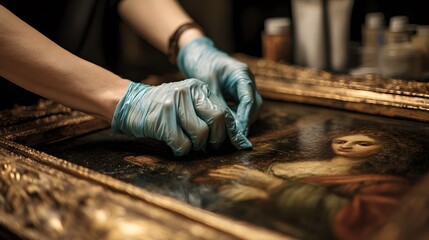 Hands in blue gloves carefully restoring a painting with a golden ornate frame in a dark room