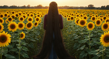 Mulher de costas de cabelo extra longo em campo de girasol